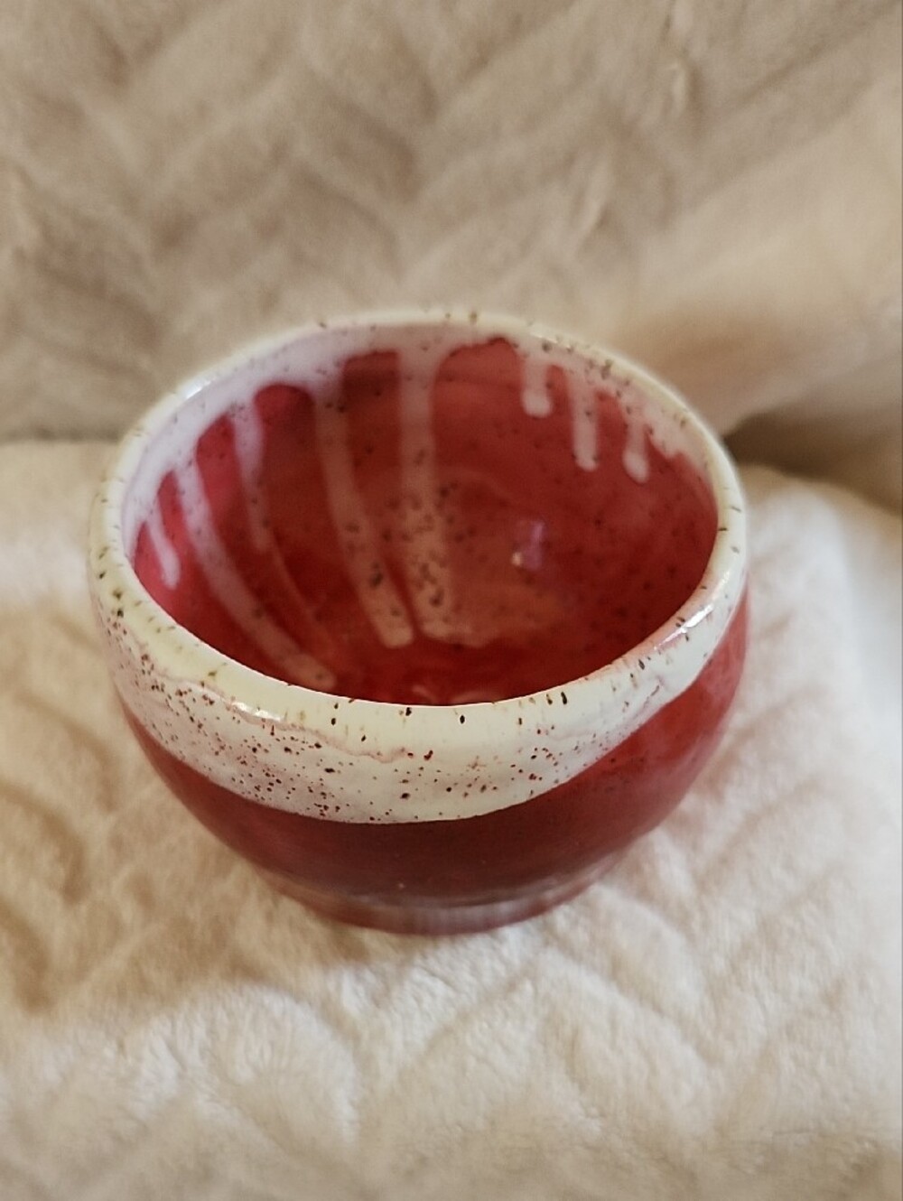 Handmade Red Ceramic Bowl with White Rim